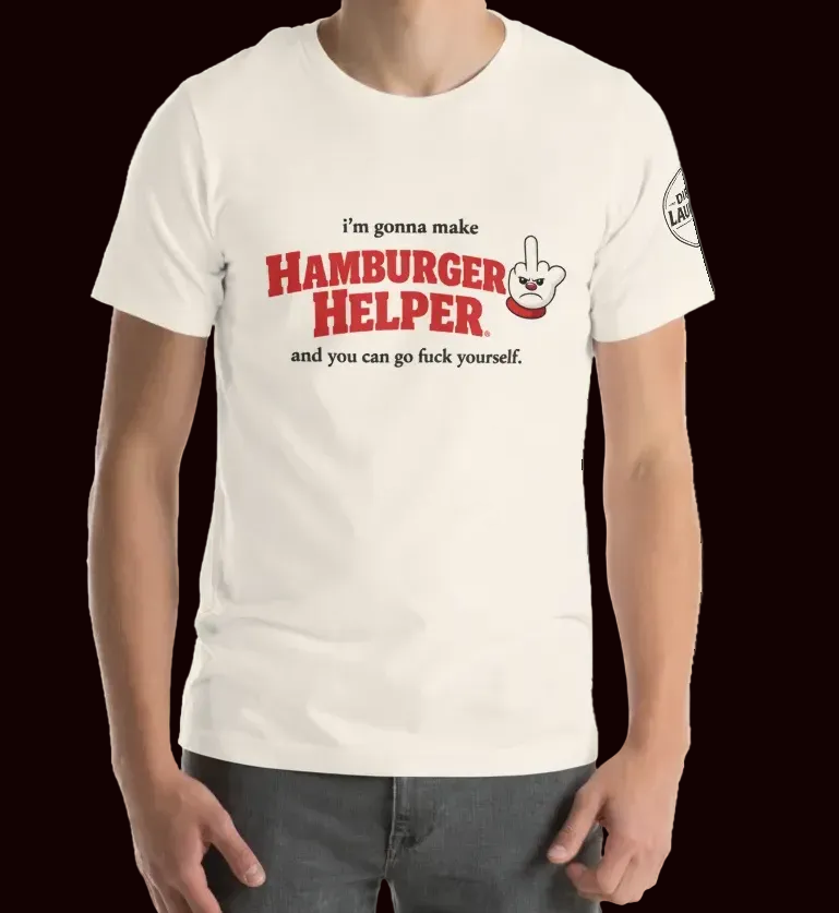 Person wearing a white t-shirt with a graphic and text on a white background