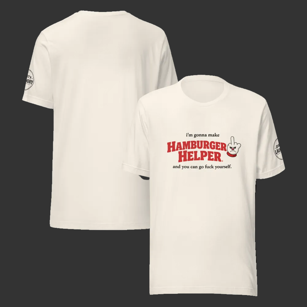 White t-shirt with red and black text and graphic on a white background