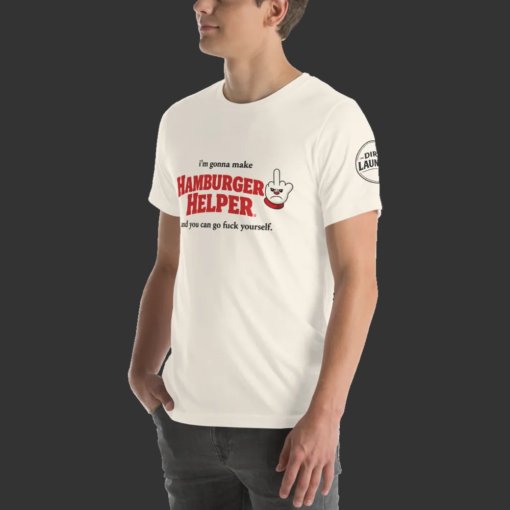 Person wearing a white t-shirt with graphic text and logo on a plain background